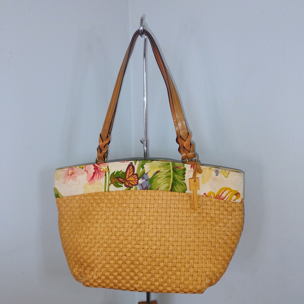 Fossil Tan and Floral Tote Bag Tropical Beach Vacation Summer Travel Island Vibe